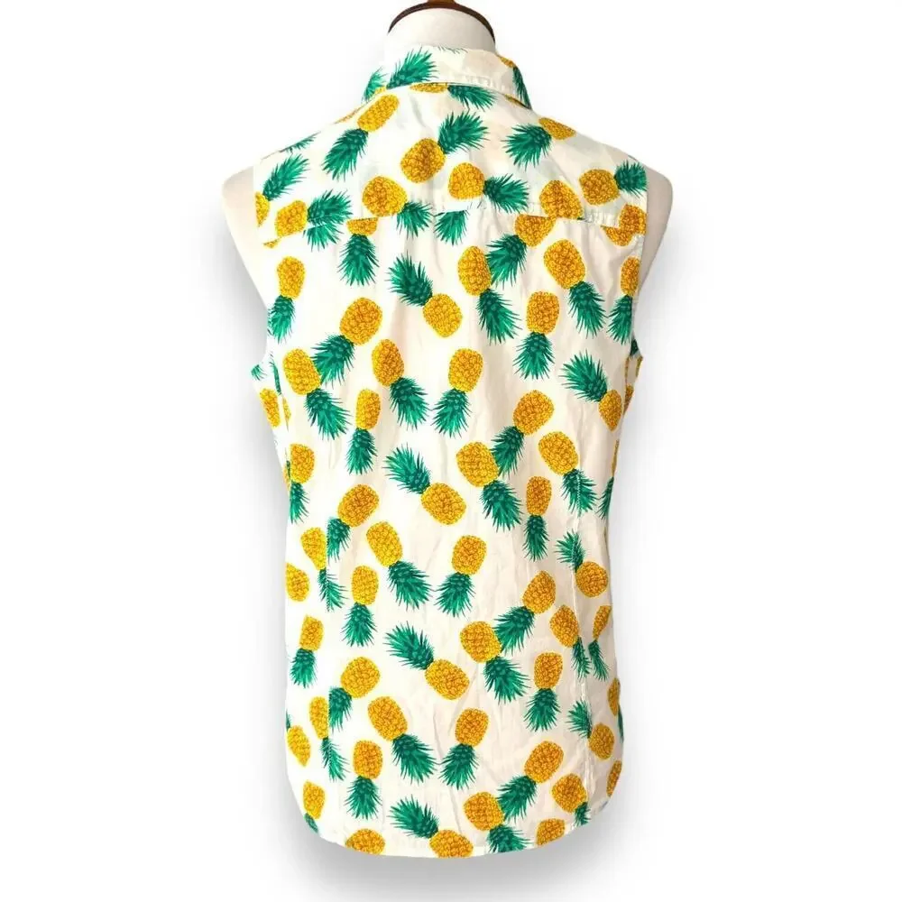 J. Crew White Pineapple Print Sleeveless Button Up Cropped Blouse Top Size M